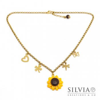Collana girocollo con catenina in acciaio girasole e charms