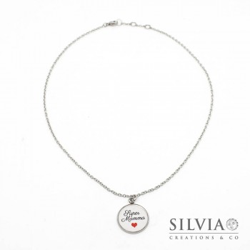 Collana girocollo catena acciaio con frase "Super Mamma" e cuore rosso