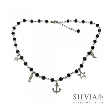 Collana girocollo stile rosario con cristalli neri e ciondoli a tema mare