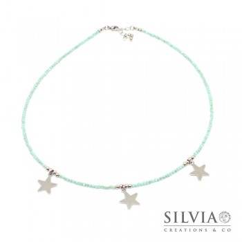 Collana girocollo con cristalli color acquamarina e tre stelle in acciaio