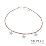Collana girocollo con cristalli color bordeaux e tre stelle in acciaio