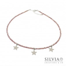 Collana girocollo con cristalli color bordeaux e tre stelle in acciaio