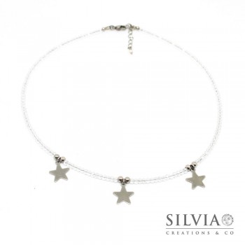 Collana girocollo con cristalli trasparenti e tre stelle in acciaio