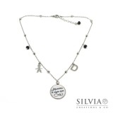 Collana girocollo ciondolo con scritta "Mamma ti voglio bene" simbolo infinito e charms