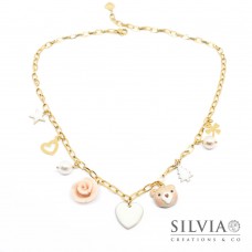 Collana girocollo catena acciaio dorata con muso di orsetto e charms natalizi