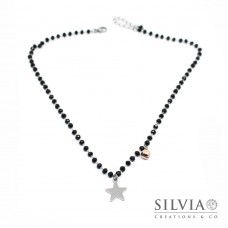 Collana girocollo catena acciaio con cristalli neri stella e campanellino