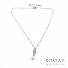 Collana catena acciaio con cristalli bianchi medaglietta Madonna e perla