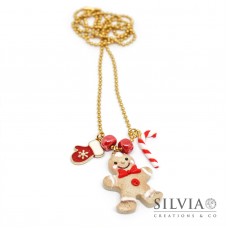 Collana lunga catena acciaio color oro con omino pan di zenzero e charms