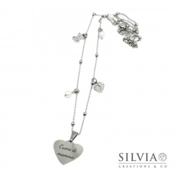 Collana lunga acciaio e perle ciondolo cuore di mamma inciso e charms