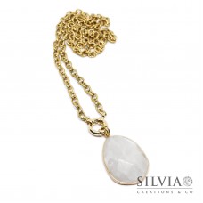 Collana lunga catena acciaio dorato con pendente lacrima cristallo di rocca
