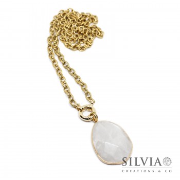 Collana lunga catena acciaio dorato con pendente lacrima cristallo di rocca