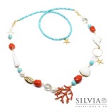 Collana 2 in 1 con ciondolo corallo smaltato conchiglie e turchese