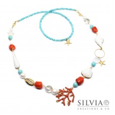 Collana 2 in 1 con ciondolo corallo smaltato conchiglie e turchese