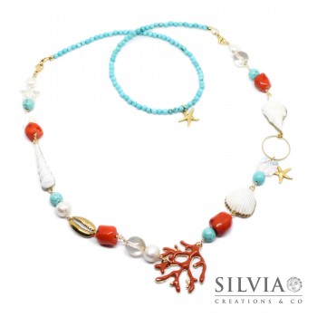 Collana 2 in 1 con ciondolo corallo smaltato conchiglie e turchese
