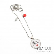 Collana lunga catena acciaio con frase "Super Mamma" cuore rosso e bambina