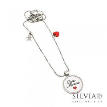 Collana lunga catena acciaio con frase "Super Mamma" cuore rosso e bambino