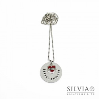 Collana lunga catena acciaio con disco in alluminio e cuore con scritta love