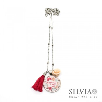Collana lunga catena acciaio con frase Mamma ti voglio bene e fiori