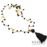 Collana filo oro ad uncinetto con cristalli neri e charms