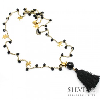 Collana filo oro ad uncinetto con cristalli neri e charms