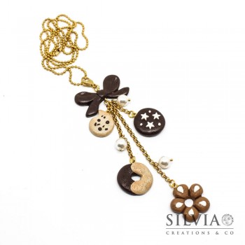 Collana lunga catena oro con biscotti e fiocco