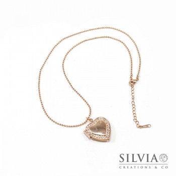 Collana ciondolo portafoto a cuore con strass oro rosato 22 mm