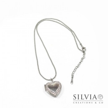 Collana ciondolo portafoto a cuore con strass rodio 22 mm