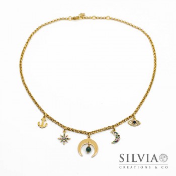 Collana girocollo talismano oro in acciaio con luna rovesciata e charms