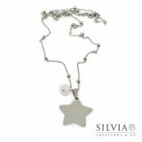 Collana lunga in acciaio con stella e pietra di quarzo rosa