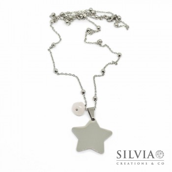 Collana lunga in acciaio con stella e pietra di quarzo rosa