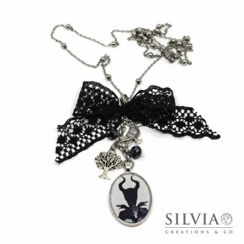 Collana lunga catena acciaio Malefica inspired con charm e fiocco