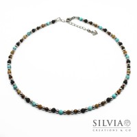 Collana uomo con perle di pietra lavica occhio di tigre diaspro turchese