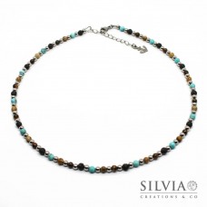 Collana uomo con perle di pietra lavica occhio di tigre diaspro turchese