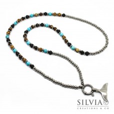 Collana lunga da uomo con perle di pietra lavica occhio di tigre diaspro turchese e acciaio