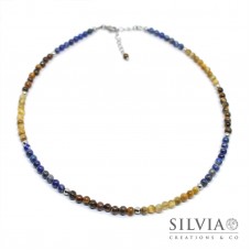 Collana uomo con perle di occhio di tigre giallo e marrone e lapislazzuli