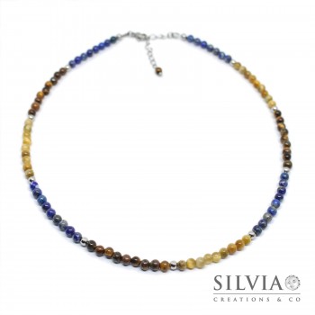 Collana uomo con perle di occhio di tigre giallo e marrone e lapislazzuli