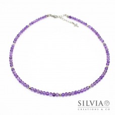 Collana uomo con perle di ametista da 4 mm e perle acciaio