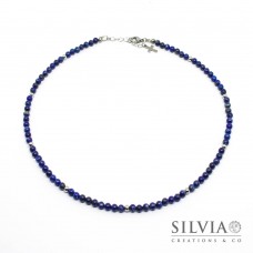 Collana uomo con perle di lapislazzuli da 4 mm e perle acciaio