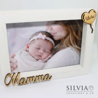 Cornice con scritta Mamma Papà Nonni e palloncino a cuore con nome