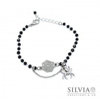 Bracciale catena acciaio con cristalli neri ragnatela e ragno Bracciale catena acciaio con cristalli neri ragnatela e ragno