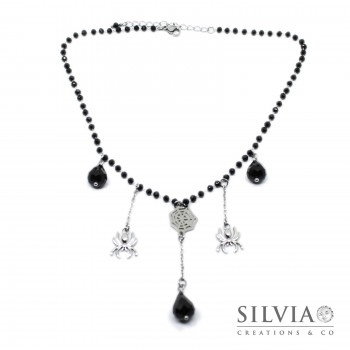 Collana girocollo cristalli neri con ragnatela ragni e gocce Collana girocollo cristalli neri con ragnatela ragni e gocce