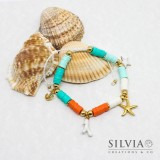 Bracciale cordino con perline heishi colorate e charms a tema mare color oro