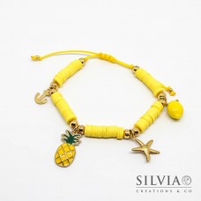 Bracciale cordino con perline heishi gialle e charms a tema tropicale