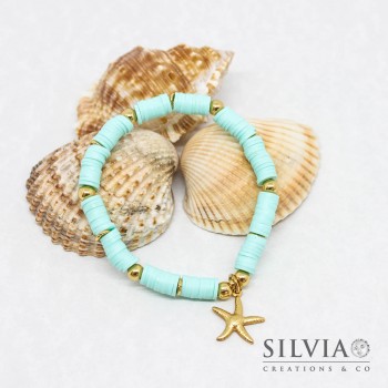 Bracciale elastico con perline heishi azzurro acqua e stella marina oro