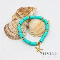 Bracciale elastico con perline heishi azzurro turchese e stella marina oro