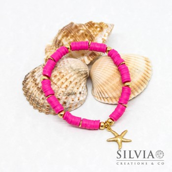 Bracciale elastico con perline heishi fucsia e stella marina oro