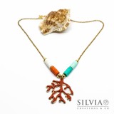 Collana girocollo catena con perline heishi colorate e rametto corallo