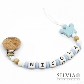 Catenella portaciuccio azzurra in silicone con nome