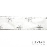 Nastro natalizio bianco fiocchi di neve glitter argento 50 mm x 1m