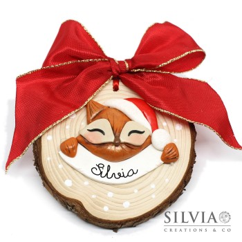 Decorazione natalizia su disco di legno con volpe e nome
